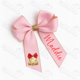 Personalised Glitter Trim Christmas Hair Bow - Festive Bell Design - Multiple Colours - 6 Inch Bow