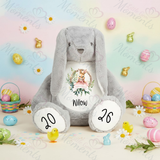 Personalised Giant "Happy Easter" Bunny Teddy. Custom Grey Easter Bunny Plush - Wreath Design - Pink or Blue