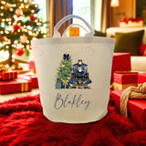 Personalised Christmas Gift Basket Trug. Festive Gift Sack - Train Design - Pink or Navy