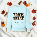 Trick Or Treat Sweatshirt | Personalised Kids Halloween Top | Custom Name Toddler Halloween Sweater | Gothic Halloween Jumper