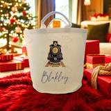 Personalised Christmas Gift Basket Trug. Festive Gift Sack - Christmas Navy Train Design