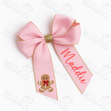 Personalised Glitter Trim Christmas Hair Bow - Gingerbread Man Design - Multiple Colours - 6 Inch Bow