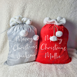 Luxury Plush Velvet Personalised "Merry Christmas" Santa Gift Sacks - Red or Grey - 50cm x 70cm