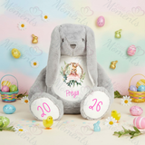 Personalised Giant "Happy Easter" Bunny Teddy. Custom Grey Easter Bunny Plush - Wreath Design - Pink or Blue