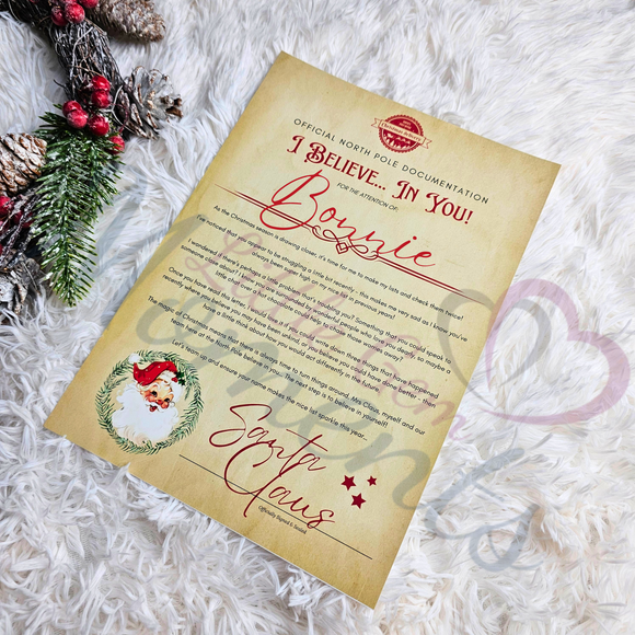 Personalised I Believe In You Santa Letter to Encourage Good Behaviour. Custom Kids Xmas Letter. A4 Premium Children's Nice List Reminder