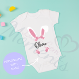Personalised Easter Bunny Baby Bodysuit. Custom Cute Baby Vest - Pink or Blue Design