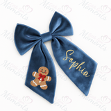 Personalised Christmas Velvet Hair Bow - Gingerbread Man Design