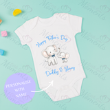 Personalised Happy Father's Day Baby Bodysuit. Custom Cute Father's Day Baby Vest - Elephant Design - Pink or Blue