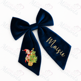 Personalised Christmas Velvet Hair Bow - Elf Climbing Christmas Tree Design