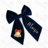 Personalised Christmas Velvet Hair Bow - Christmas Bell Design