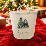 Personalised Christmas Gift Basket Trug. Festive Gift Sack - Train Design - Pink or Navy