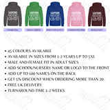 Personalised Leavers Hoodies. Custom Class of 2025 Graduation Hoodie - Nursery, Primary School, High School, College, University