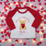 Personalised Mummy's Little Valentine Long Sleeved Top. Kids Valentine's Outfit - Red or Navy - Teddy Heart Design