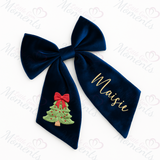 Personalised Christmas Velvet Hair Bow - Christmas Tree Design