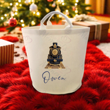 Personalised Christmas Gift Basket Trug. Festive Gift Sack - Christmas Navy Train Design