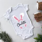 Personalised Easter Bunny Baby Bodysuit. Custom Cute Baby Vest - Pink or Blue Design