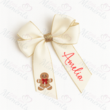 Personalised Glitter Trim Christmas Hair Bow - Gingerbread Man Design - Multiple Colours - 6 Inch Bow