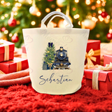 Personalised Christmas Gift Basket Trug. Festive Gift Sack - Train Design - Pink or Navy