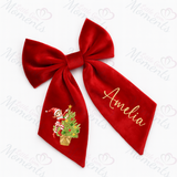 Personalised Christmas Velvet Hair Bow - Elf Climbing Christmas Tree Design