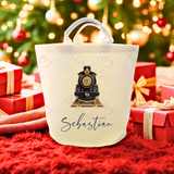 Personalised Christmas Gift Basket Trug. Festive Gift Sack - Christmas Navy Train Design