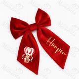 Red bow with valentine's day teddy design and 'Harper' text on a white background