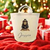 Personalised Christmas Gift Basket Trug. Festive Gift Sack - Christmas Navy Train Design