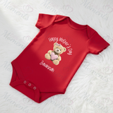 Personalised Happy Mother's Day Baby Bodysuit. Custom Baby Vest - Blue or Pink Teddy Heart Design