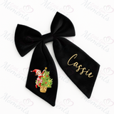 Personalised Christmas Velvet Hair Bow - Elf Climbing Christmas Tree Design