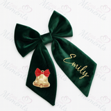 Personalised Christmas Velvet Hair Bow - Christmas Bell Design