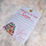 Personalised "I Believe In You" Santa Letter - Candy Cane Lane Red Design. Custom Kids Christmas Eve Box Filler.