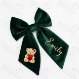 Personalised Valentine's Velvet Hair Bow - Teddy Heart Design