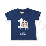 Personalised 1st Easter Kids T-shirt - Pink or Blue Gingham Bunny Design