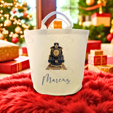 Personalised Christmas Gift Basket Trug. Festive Gift Sack - Christmas Navy Train Design