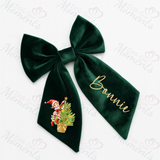 Personalised Christmas Velvet Hair Bow - Elf Climbing Christmas Tree Design