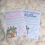 Two 'First Christmas' A4 certificates for Charlotte and Matthew on a fluffy white surface.