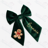 Personalised Christmas Velvet Hair Bow - Gingerbread Man Design
