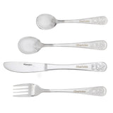 Set of silver cutlery with 'Charlotte' engraving on a white background