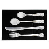 Set of silver baby cutlery with engraved names in a black box
