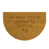 Doormat with text 'All guests must be approved by Chester' on a white background
