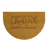 Half-circle doormat with 'Merry Christmas Chris & Ashley' text on a white background