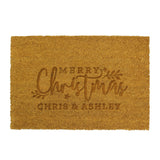 Doormat with 'Merry Christmas Chris & Ashley' text on a white background