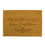 Doormat with 'The Smith Family Home Sweet Home' text on a white background