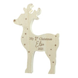 Rustic Style wooden "My 1st Christmas" reindeer freestanding decoration on plain white background