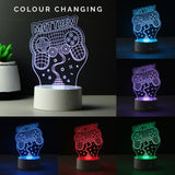 Color-changing LED lamp with 'Matthew' and gaming controller design on a black background.