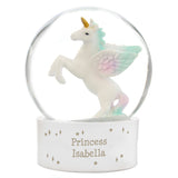 Unicorn figurine in a glass snow globe with 'Princess Isabella' on a white base