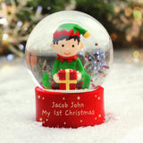 Christmas snow globe with an elf holding a gift, personalized for 'Jacob John My 1st Christmas'.