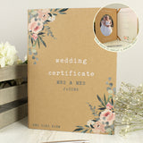 Personalised wedding certificate display book with smaller circle photo in top corner showing how the inside of the book looks. Features the names "Mrs & Mrs Jacobs"