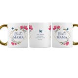 Three white mugs with floral designs and text on a white background