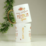Personalised Pumpkin Spice Mug - two mugs stacked on top of each other, one showing the front of the mug and the one on the bottom showing the side view with the words "Holly's Latte" shown