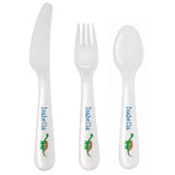 White Plastic 3 Piece Kids Cutlery Set with Dinosaur Design, featuring the name Isabella. On plain white background.